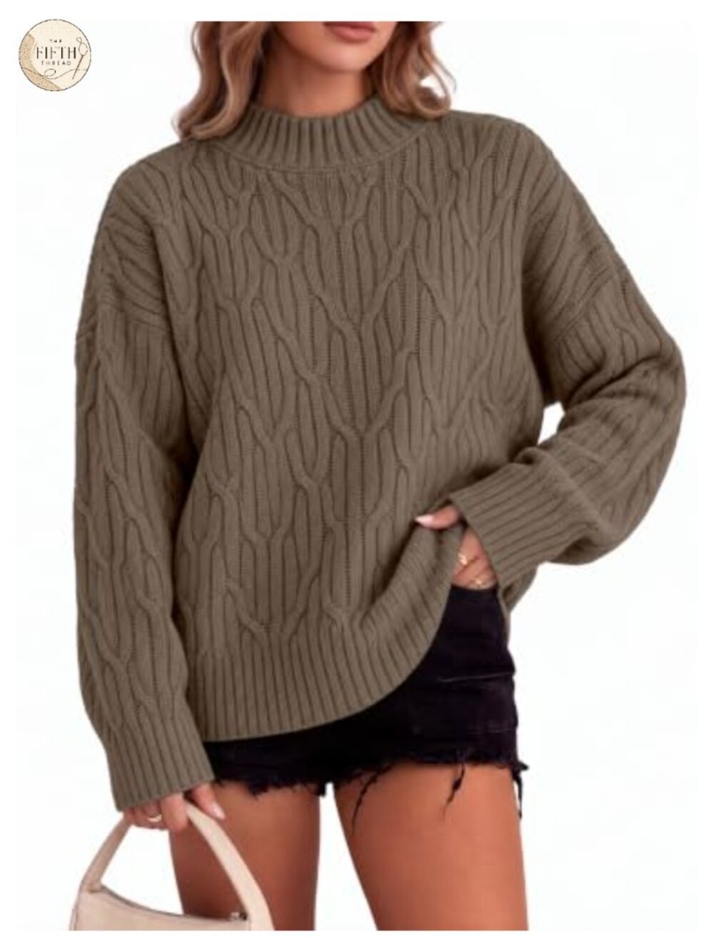 Oversized Cable Knit Mock Neck Pullover Sweater Long Sleeve